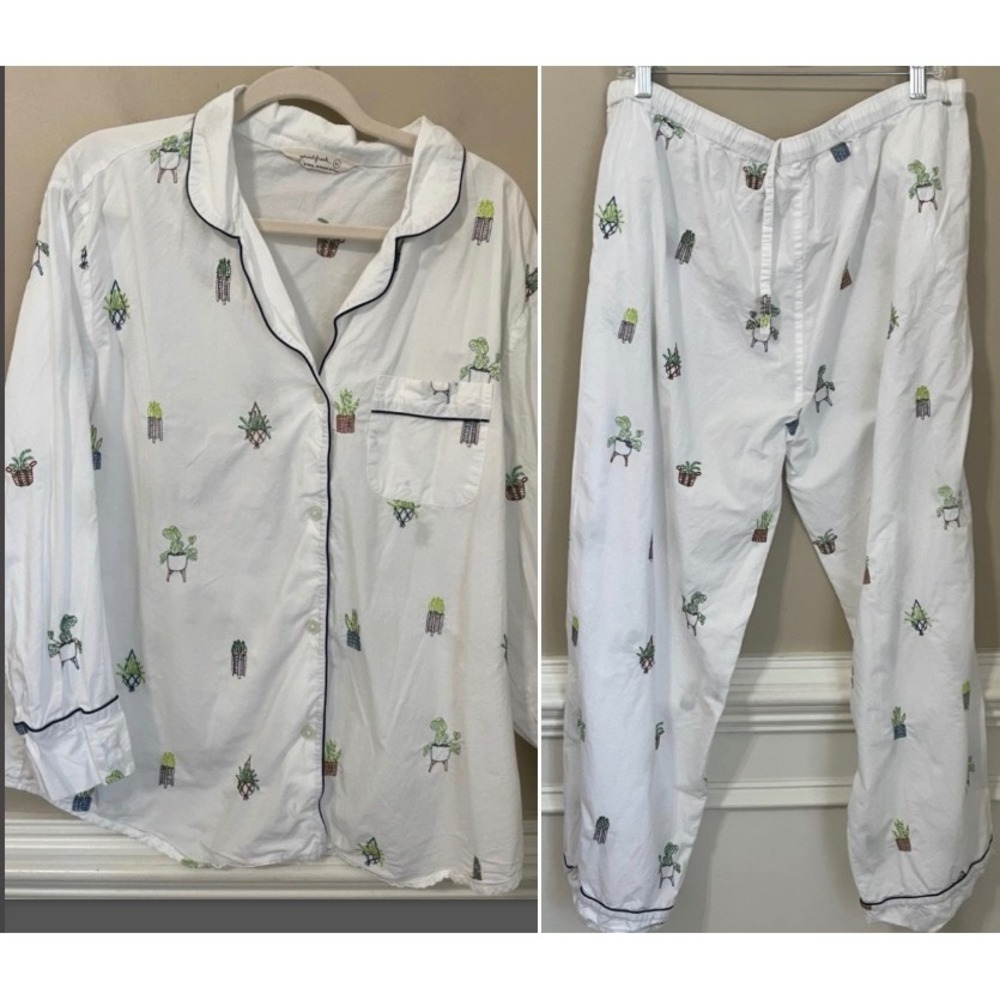 Printfresh Womens XL Pajama Set Embroidered Houseplants Cotton White